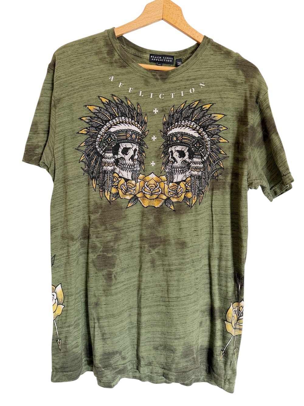 Affliction Black Label Green Tie-dye Beaded Native American Skull Headdress XL